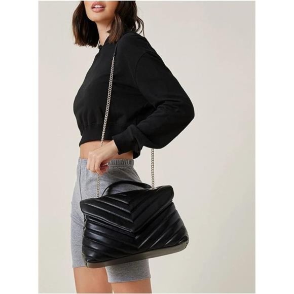 Black  Sleek  Adjustable Chain Strap Quilted Crossbody Purse - Picture 6 of 7